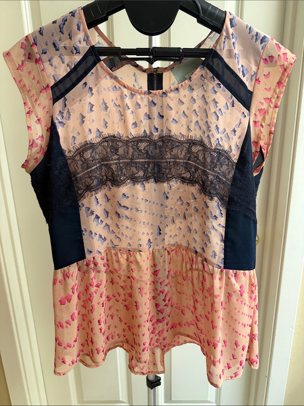 Maeve Printed Lace Panel Sleeveless Top in Pink and Navy